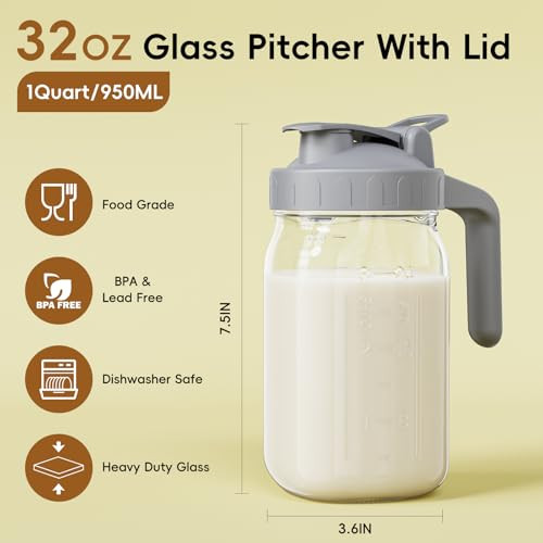 JunVpic Breast Milk Pitcher Jug - 32 oz Glass Mason Jar Airtight Pitcher with Pour Spout Handle for Breastmilk, Iced Tea, Ice Drinks Storage Containe