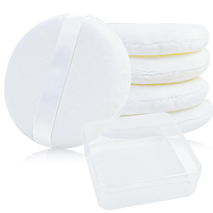 5 Pack Extra Large Body Powder Puff and Container, Soft Cotton 4.13 Inch Dusting Puffs with Washable Round Container for Woman Baby Body Face Loose P