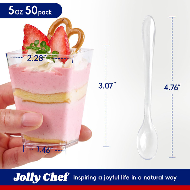JOLLY CHEF 50 Pack 5 oz Plastic Dessert Cups with Lids and Spoons, Yogurt Parfait Appetizer Cup for Party, Clear Mini Dessert Shooter for Pudding Fru