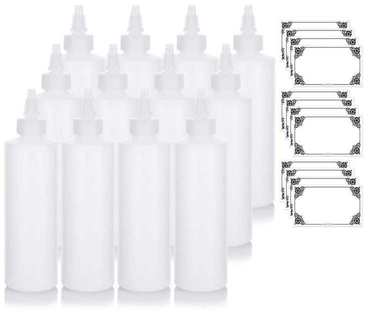 JUVITUS (12 pack) 8 oz Clear Natural Cylinder Plastic Squeeze Bottle with Twist Top Spout + Funnel and Labels