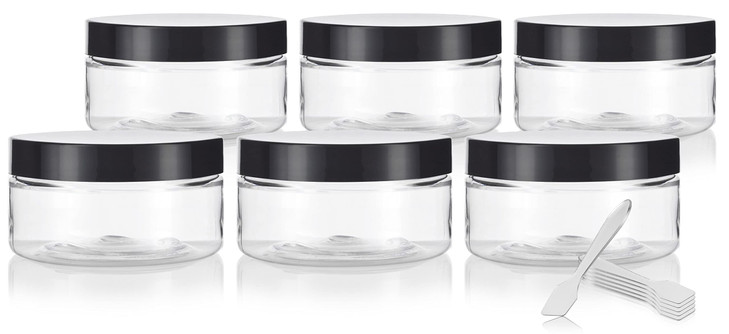 (6 Pack) 8 oz Clear Low Profile Plastic Wide Mouth Jar with Black Smooth Lids + Spatulas