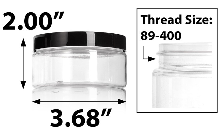 (6 Pack) 8 oz Clear Low Profile Plastic Wide Mouth Jar with Black Smooth Lids + Spatulas