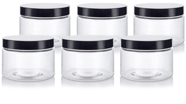 12 oz Clear PET Plastic Refillable Low Profile Jar with Black Smooth Lids (6 pack)