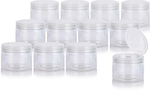 12 oz Clear PET Plastic Jar with Clear Natural Flip Top (12 Pack) + Spatulas