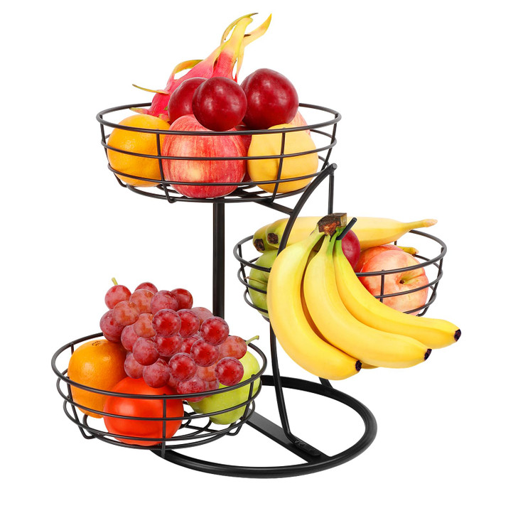 Livabber Fruit Basket Bowl with Banana Hanger, Fruit Vegetable Storage Basket with Banana Tree Holder for Kitchen Counter, Detachable Organizer for B