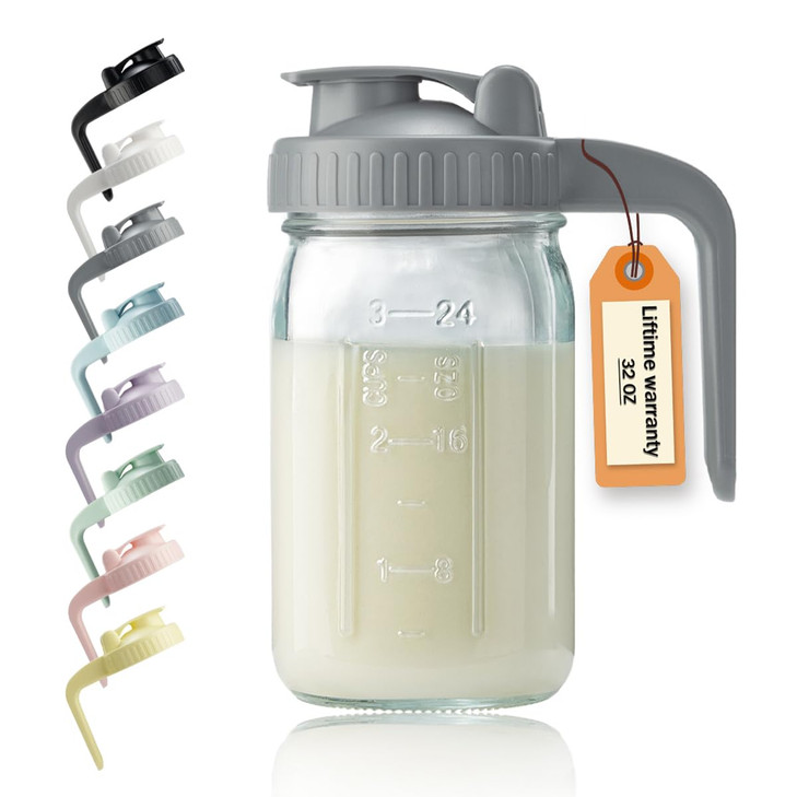 32oz Glass Pitcher with Lid & V-shaped Pour Spout - 1 Quart Breastmilk Pitcher Double Leak Proof, Creamer Container for Sun Tea, Juice, Cold Brew Cof