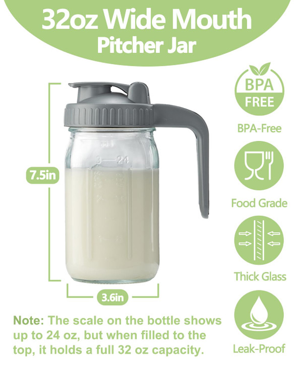 32oz Glass Pitcher with Lid & V-shaped Pour Spout - 1 Quart Breastmilk Pitcher Double Leak Proof, Creamer Container for Sun Tea, Juice, Cold Brew Cof