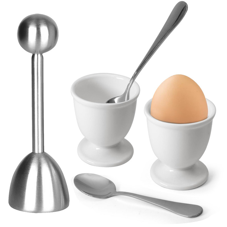 vibedor Egg Cups and Egg Cracker Set for Soft Boiled Eggs, 1 Stainless Steel Egg Cutter, 2 Stainless Stain Spoons and 2 Ceramic Egg Stands in Kitchen