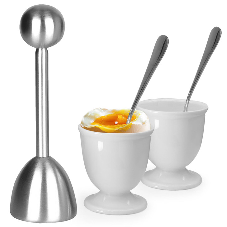vibedor Egg Cups and Egg Cracker Set for Soft Boiled Eggs, 1 Stainless Steel Egg Cutter, 2 Stainless Stain Spoons and 2 Ceramic Egg Stands in Kitchen