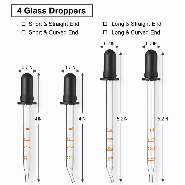 4 Pack, 1 mL Glass Eye Dropper with Measurement - Long & Short, Bent & Straight Tip Calibrated Glass Medicine Droppers, Accurate Dose Pipette Dropper