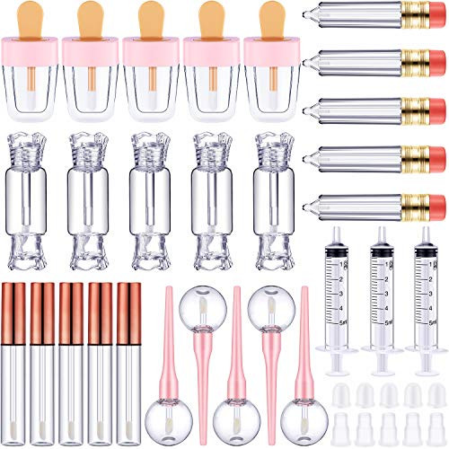 Maitys 30 Pcs Lip Gloss Tubes Tools Set, 5 Styles Empty Lip Gloss Tubes Include Ice Cream Candy Lollipop Pencil Cylinder Shaped Lips Balm Containers