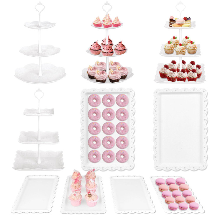Mwellewm 10 Pcs Cake Stand White Plastic Dessert Table Display Set 4 Pcs 3 Tired Cupcake Stand Cookie Tray Rack Serving Tray Cake Tower and 6 Pcs Des