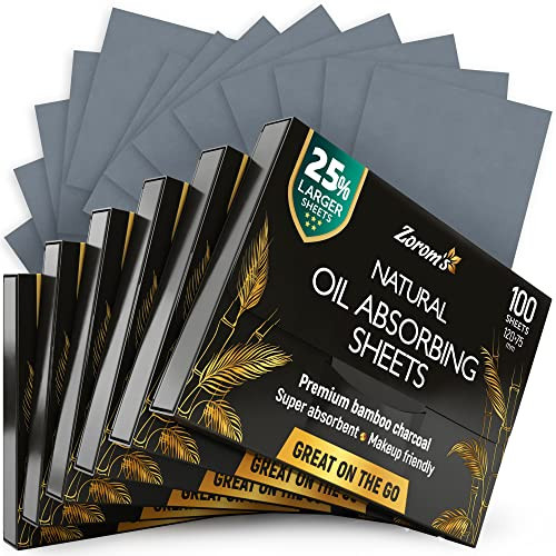 Natural Oil Blotting Sheets for Face with Bamboo Charcoal - 25% Larger - 6pk/600 Makeup Friendly Oil Absorbing Sheets for Face - Easy Dispensing Blot