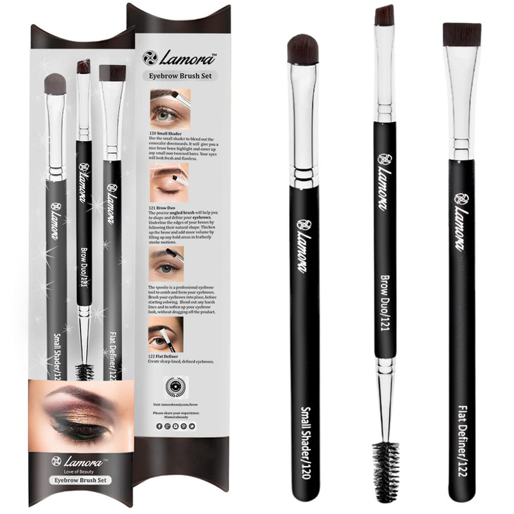 Eyebrow Brush - Duo Eye Brow Spoolie - Angled Eyeshadow Eyeliner - Precision Flat Definer - Small Shader - 3 Piece Makeup Brush Set - Cruelty Free Sy