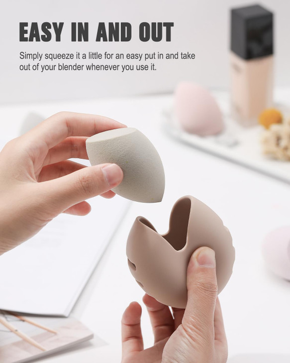FERYES Makeup Sponge Holder  Shatterproof Eco-Friendly Silicone Beauty Make Up Blender Case for Travel - Khaki