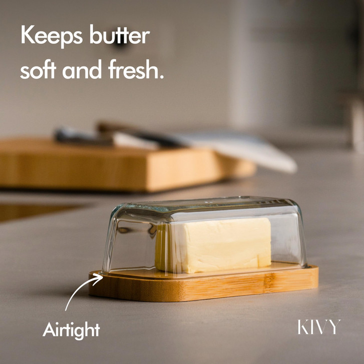 KIVY Glass butter dish with airtight lid that keeps butter soft - For countertop and refrigerator door shelf - Butter tray with lid fridge - Butter h