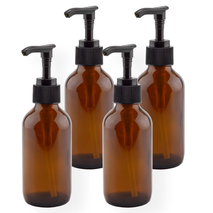 Cornucopia Brands 4oz Amber Glass Pump Bottles (Pack of 4) Great for Lotions, Liquid Soap, Aromatherapy and More