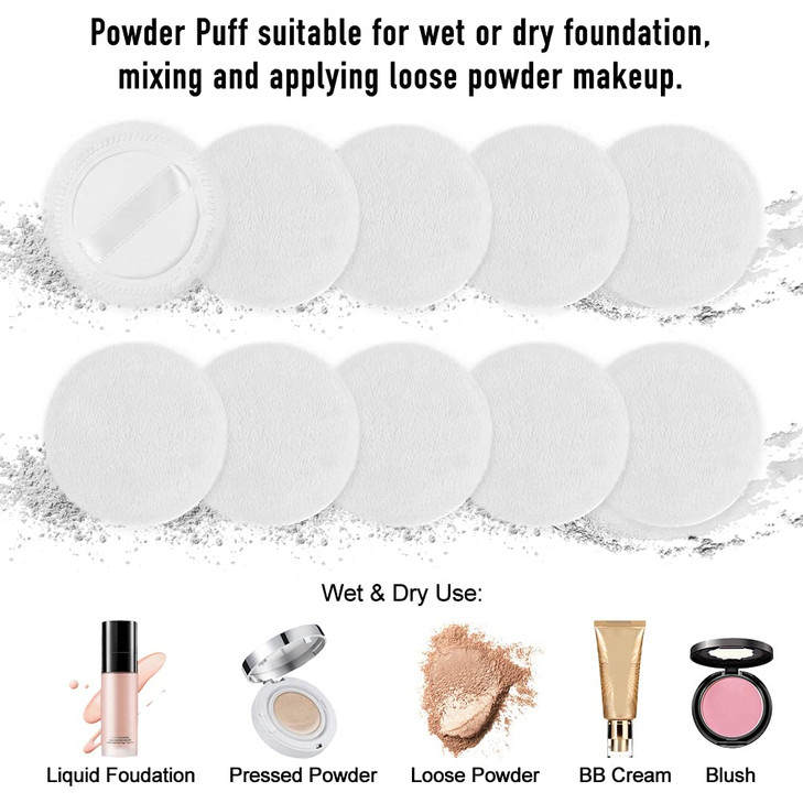 10pcs Powder Puff Cotton Cosmetic Powder Face Makeup Puffs Pads with Ribbon for Loose and Foundation 2.36 inch. (White)