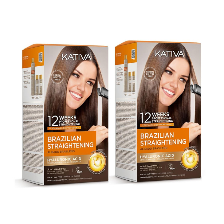 Kativa Brazilian Straightening Kit, 12 Weeks of Home Use Professional Straightening, with Organic Argan Oil, Shea Butter, Keratin & Amino Acids, for