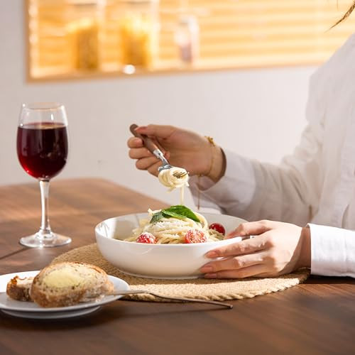 KooK Pasta Bowl, Salad Bowls, Bowls, Serving Bowls, Soup, Ceramic, Large Capacity, Microwave & Dishwasher Safe, Set of 4, 40 Oz, (White)