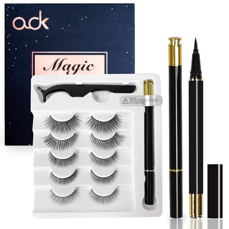 OOK Magic Eyeliner and Eyelashes Kit,No Glue No megnetic Reusable Silk 3D Faux Lashes set 5 Pairs Natural Look easy remover Eyelashes
