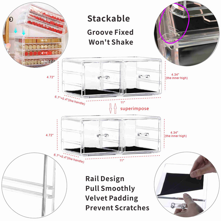 Pack of 2 Acrylic Countertop Stackable Drawers Bathroom Cabinet Organizer Clear Organizing Bins For Cosmetics Organizer Jewelry Hair Accessories Nail