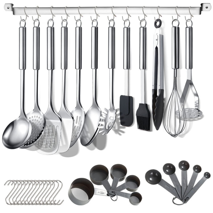 Berglander Kitchen Utensils Set 38 Pieces, Stainless Steel Cooking Utensils Set, Kitchen Gadgets Cookware, Kitchen Tool Set with Utensil Holder Rack
