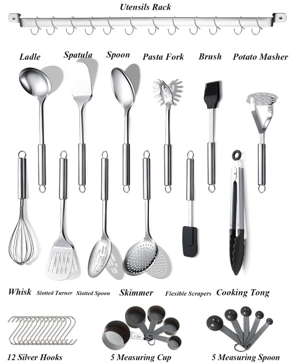 Berglander Kitchen Utensils Set 38 Pieces, Stainless Steel Cooking Utensils Set, Kitchen Gadgets Cookware, Kitchen Tool Set with Utensil Holder Rack
