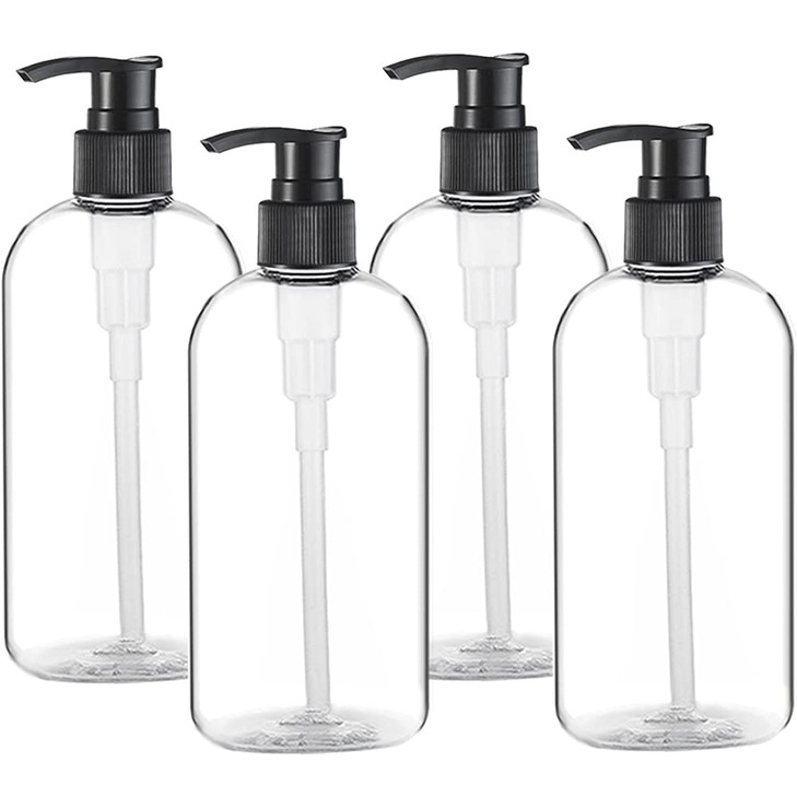 Empty Plastic Pump Bottles Dispenser 4 Pack 16oz/500ml Portable Clear BPA-Free Cylinder Shampoo Lotion Hand Pump Bottle Durable Refillable Containers