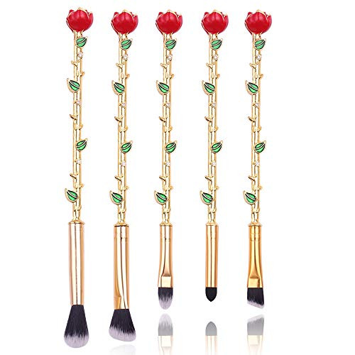 Rose Eye Makeup Brush Set - 5pcs Wand Makeup Brushes with Soft Synthetic Fiber and Metallic Handle for Eyebrow, Eyeshadow, Foundation, Blending and L