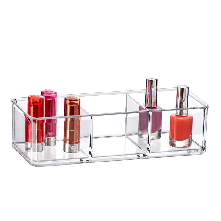 Amazing Abby - Glamour - Acrylic 3-Compartment Makeup Organizer, Transparent Plastic Lipstick Holder, Perfect Bathroom Vanity Storage Solution for Li