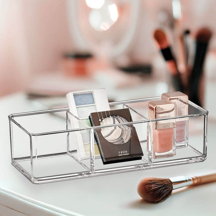 Amazing Abby - Glamour - Acrylic 3-Compartment Makeup Organizer, Transparent Plastic Lipstick Holder, Perfect Bathroom Vanity Storage Solution for Li