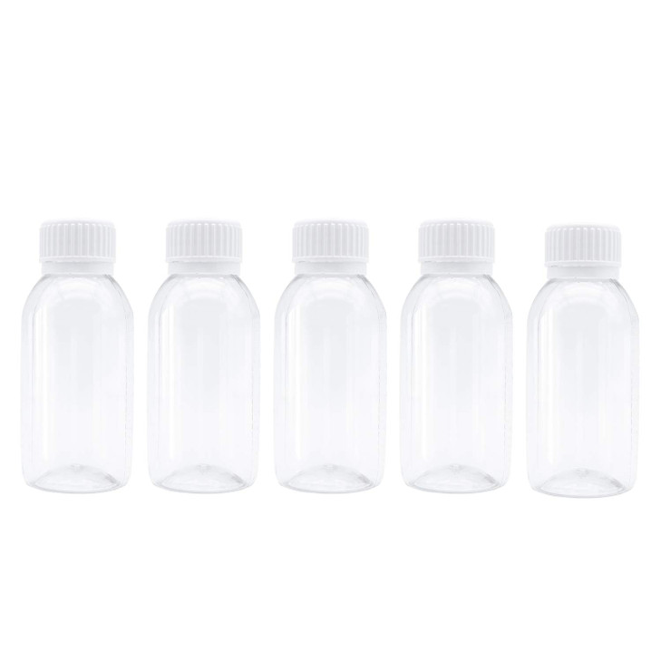 TRENDBOX Pack of 5-100ml Clear Empty PET Mini Storage 100ml/100g/100cc Bottles Hard Plastic Durable Turn Screw Cover Cap Round Filling Liquid Rhinest