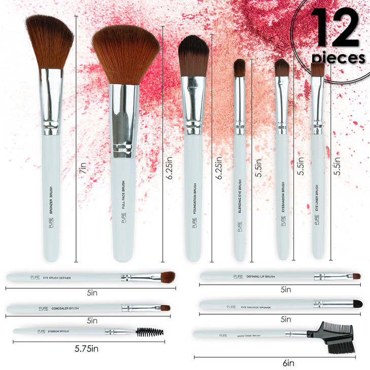 Pure Beauty Works 12pc Complete Makeup Brush Set Premium Synthetic Bristles Blending Brush Bronzer Brush Foundation Brush Eyeshadow Brush Face Powder