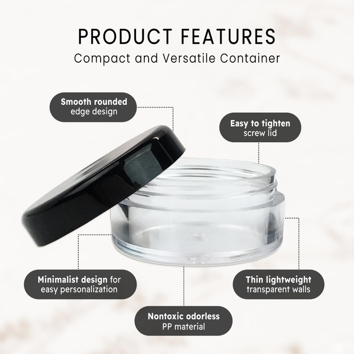 50 New empty 5 Gram (0.17 oz) Acrylic Round Jars - BPA Free Plastic Containers for Cosmetic, Lotion, Cream, Makeup, Bead, Eye shadow, Rhinestone, Sam
