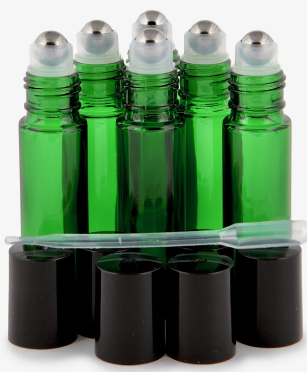Vivaplex, 6, Green, 10 ml Glass Roll-on Bottles with Stainless Steel Roller Balls - .5 ml Dropper included