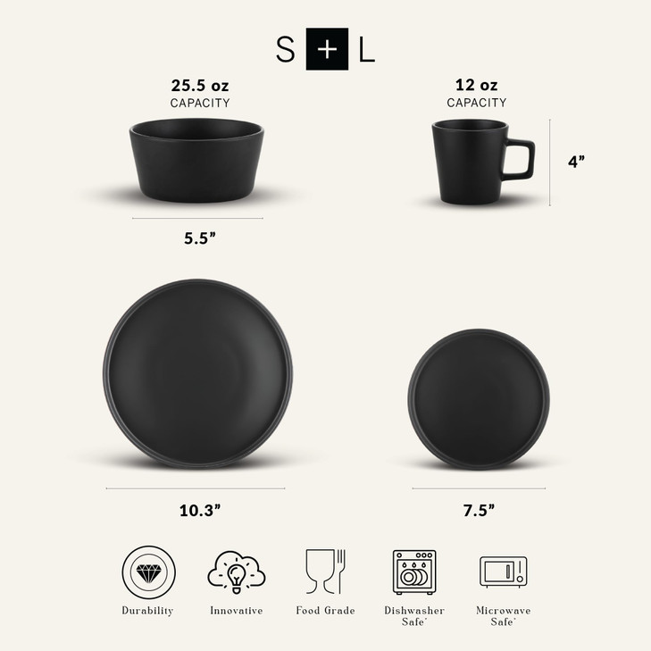 Stone Lain Celina Stoneware 16 Piece Modern Dinnerware Set, Plates and Bowls, Black Matte, Service for 4, Microwave & Dishwasher Safe