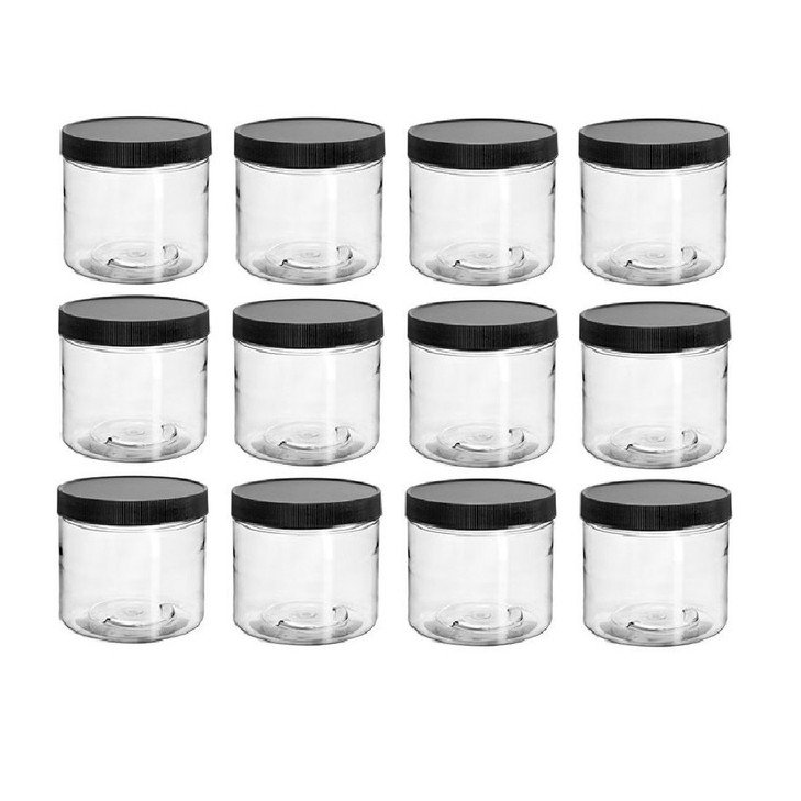 Clear Plastic Jar 4 ounce with Black Ribbed Lid (Pack of 12), Refillable Storage Containers with Lids for Cosmetic, Kitchen, DIY Products, Arts and C