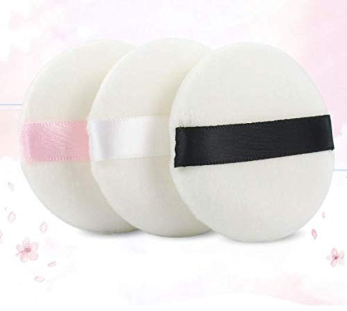 LASSUM 3 Pieces Round Super Soft Velour Powder Puff 2.16 Inch Facial Puff With Ribbon (Color Random)