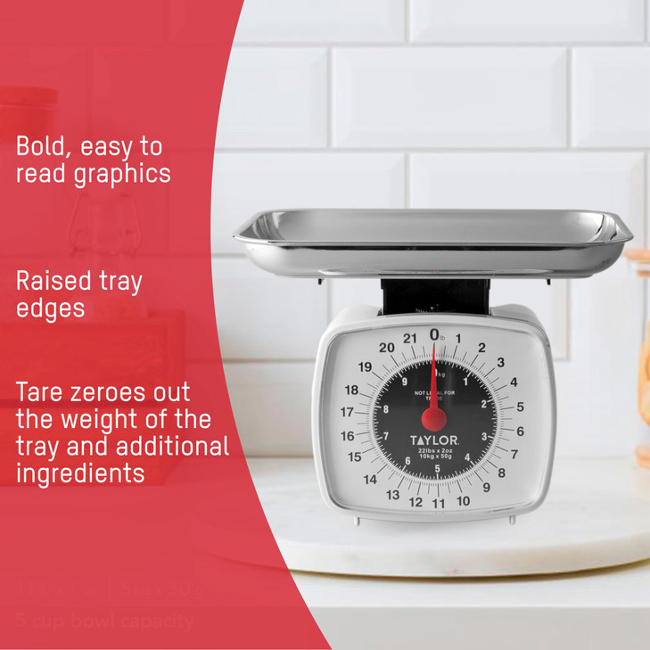 Taylor Analog Kitchen Scale Mechanical Food Scale, 22 lb Capacity, Multicolor