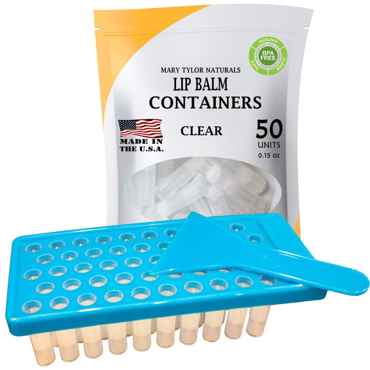 Lip Balm Container Tray Kit with Fill Tray and Spatula, BPA Free, Made in the USA, Includes 50 Clear Containers with Caps (0.15 oz each) by Mary Tylo