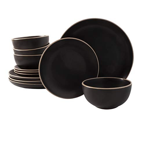 Gibson Home Rockaway 12-Piece Stoneware Dinnerware Set, Service for 4  Modern Round Plates and Bowls, Dishwasher & Microwave Safe, Black