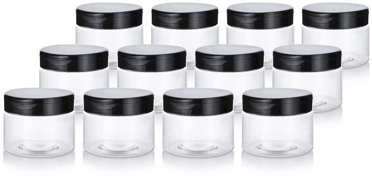 JUVITUS Clear PET Plastic (BPA Free) Refillable Low Profile Jar with Black Flip Top Cap - 12 oz (12 Pack)