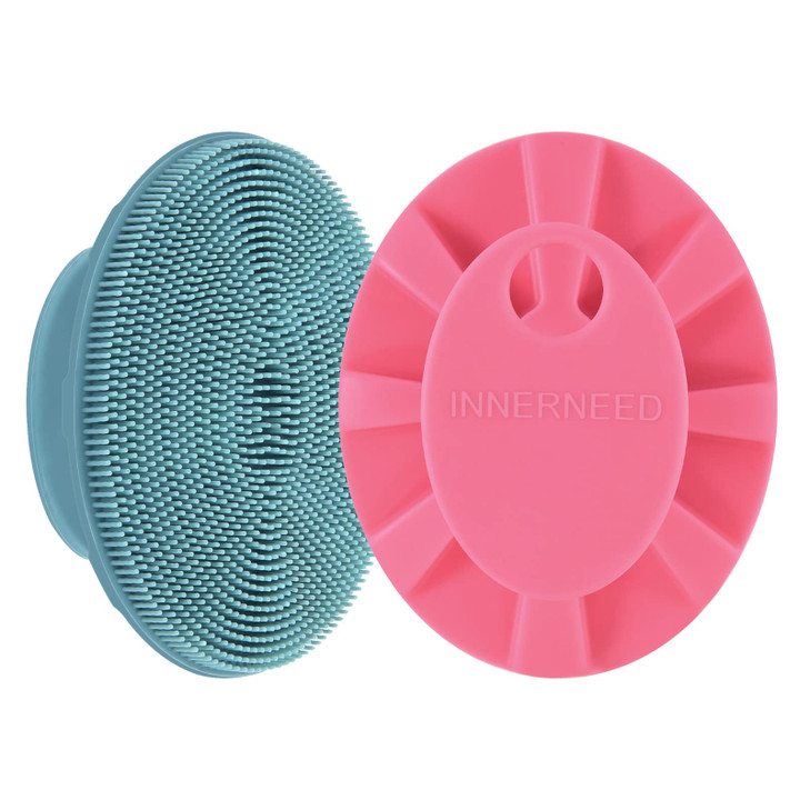 INNERNEED Silicone Face Scrubber, Exfoliating Brush Manual Handheld Facial Cleansing Brush Blackhead Remover, Food-Grade Soft Bristles (Dark Green+Pi