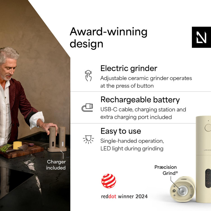 LARS NYSØM Electric Salt and Pepper Grinder Set, USB Rechargeable, Automatic Salt and Pepper Mills, Spice Shakers Refillable with LED Light, Adjustab