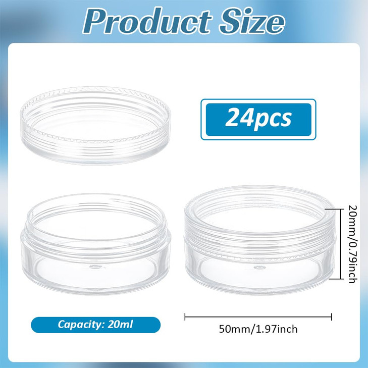 BENECREAT 24 Pack 1.97"x0.78" (20ml) Empty Clear Plastic Bead Storage Container jar with Rounded Screw-Top Lids for Beads, Nail Art, Glitter, Make Up