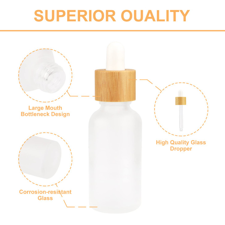 Frosted Glass Dropper Bottle, Refillable Glass Essential Oils Bottles With Eye Dropper&Bamboo Lids White Rubber Head Travel Cosmetic Storage Containe