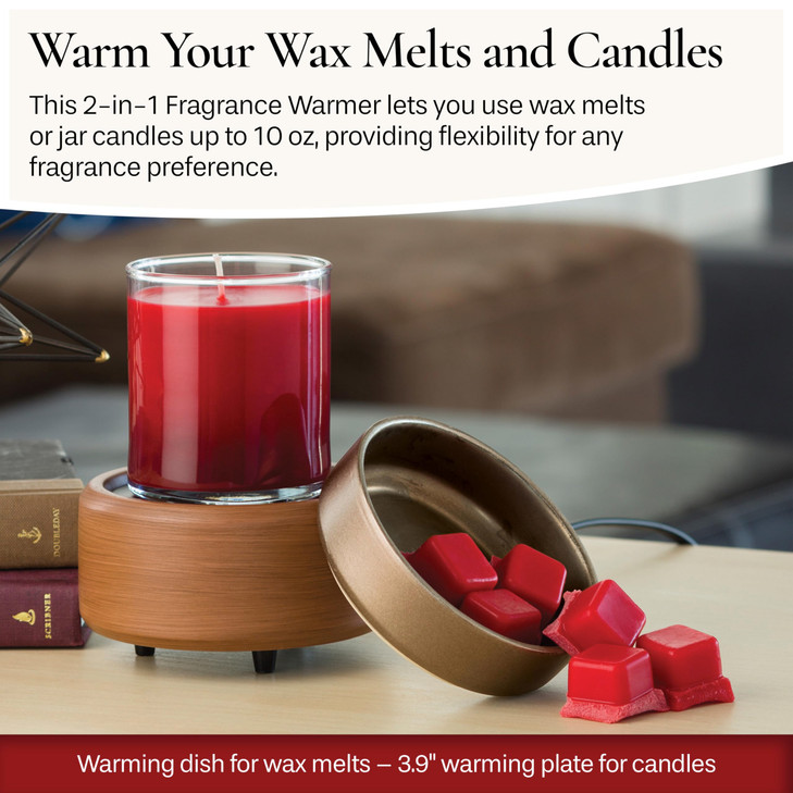 Candle Warmers ETC 2-in-1 Candle and Fragrance Warmer for Warming Scented Candles or Wax Melts and Tarts with to Freshen Room, Pewter Walnut