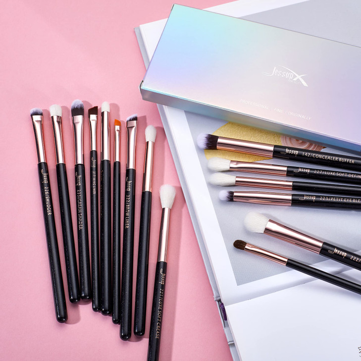 Jessup 15Pcs Professional Makeup Brushes Set Make up Brush Tools kit Eye Liner Shader Wood Handle Natural-synthetic Hair Brushes Pearl Black/Rose Gol