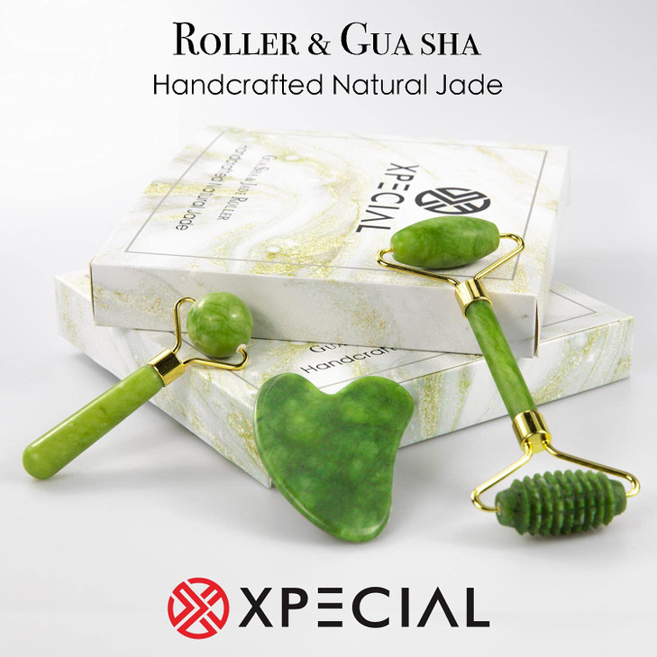 XPECIAL Gua Sha & Jade Roller 3 in 1, Face Roller, Guasha Facial Massage Skin Care Tool Set, Massager for Removal of Wrinkles & Eye Puffiness, Anti-A